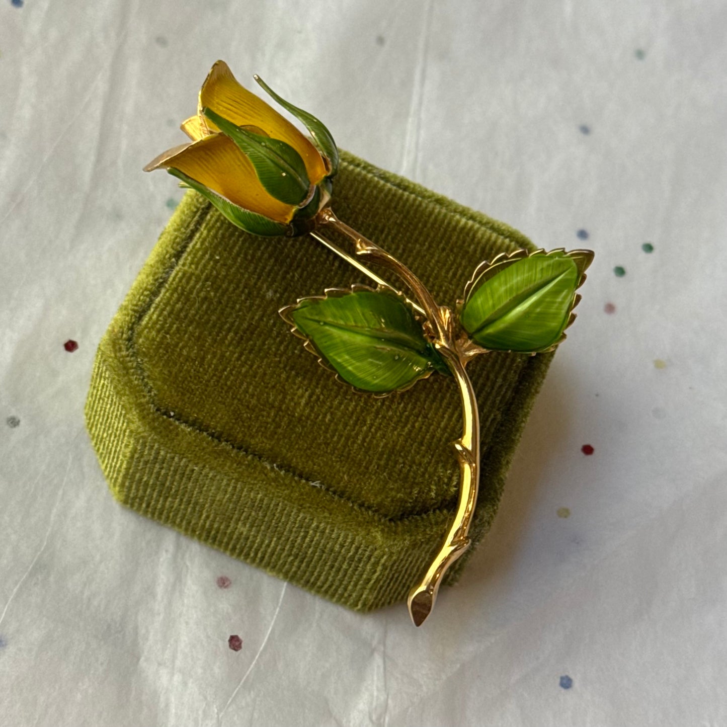 Vintage Gold Enamel Yellow Rose Brooch