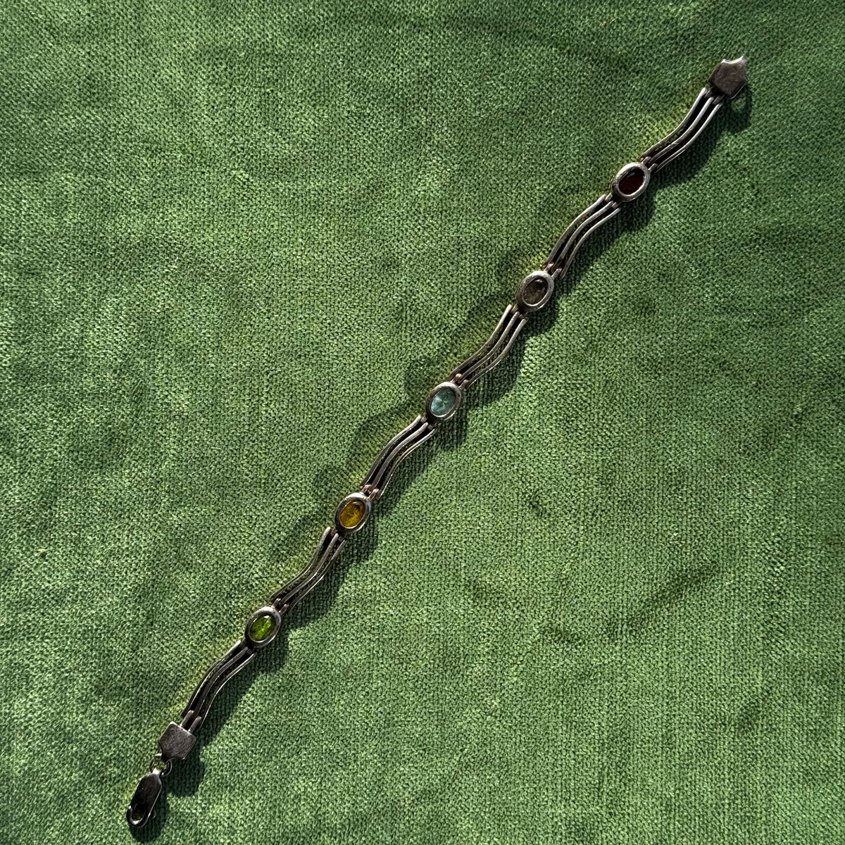 Vintage Sterling Silver Multi Gemstone Wavy Bracelet