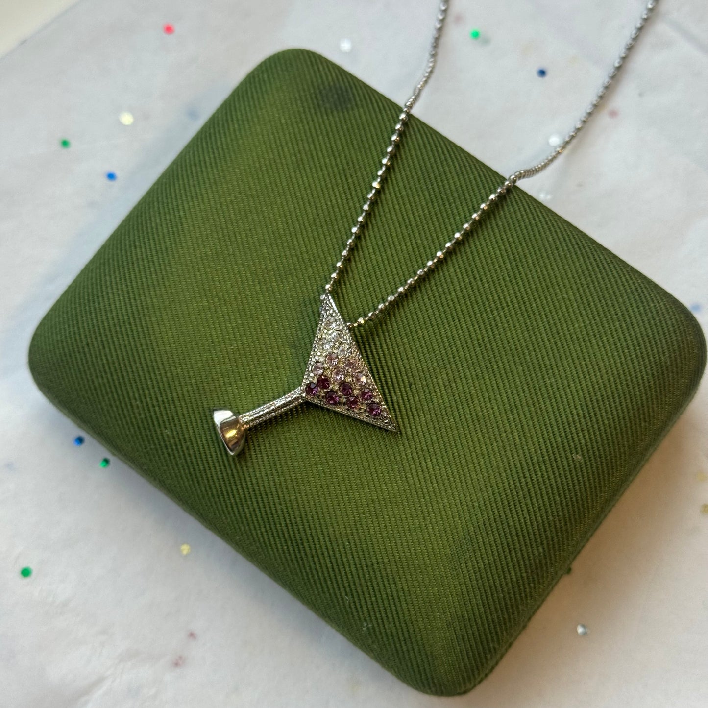 Vintage Martini Rhinestone Silver Pendant Necklace