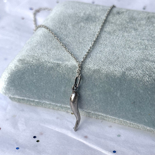 Vintage Sterling Silver Cornicello  Pendant Necklace