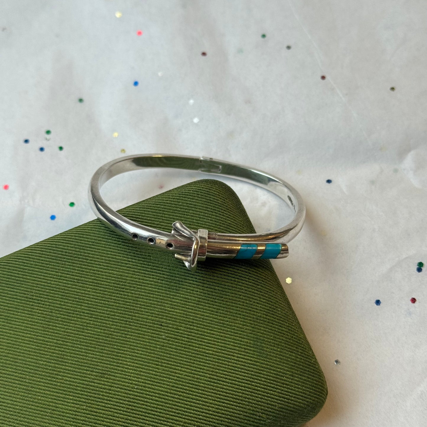 Vintage 925 Sterling Silver Belt Buckle Bangle Bracelet with Turquoise