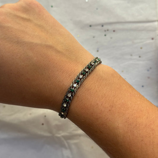 Vintage Silver Green Rhinestone Tennis Bracelet