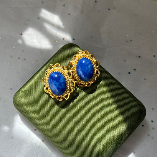 Vintage Blue & Gold Statement Earrings