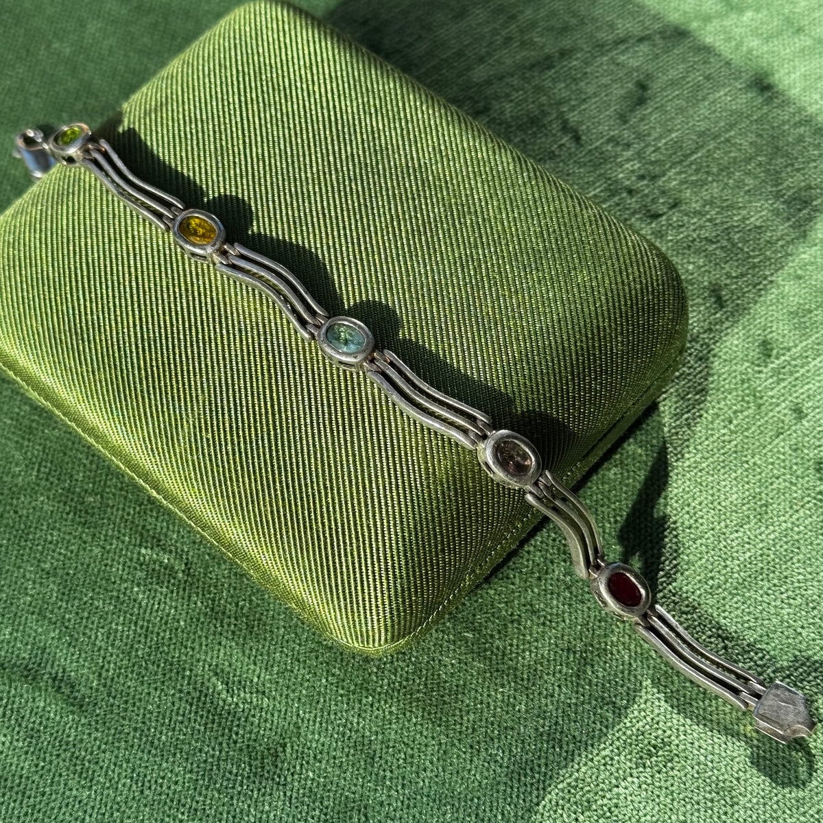 Vintage Sterling Silver Multi Gemstone Wavy Bracelet