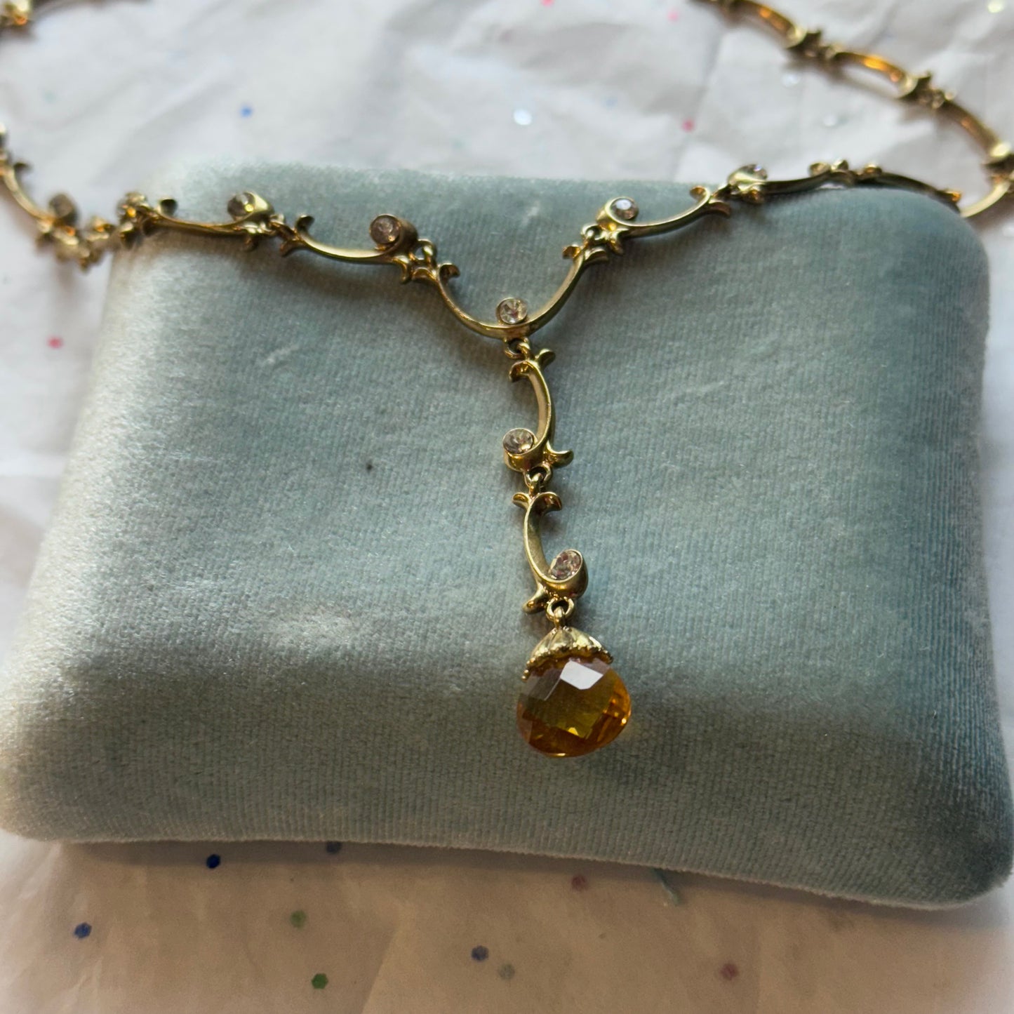 Vintage Gold Tone Rhinestone Teardrop Necklace