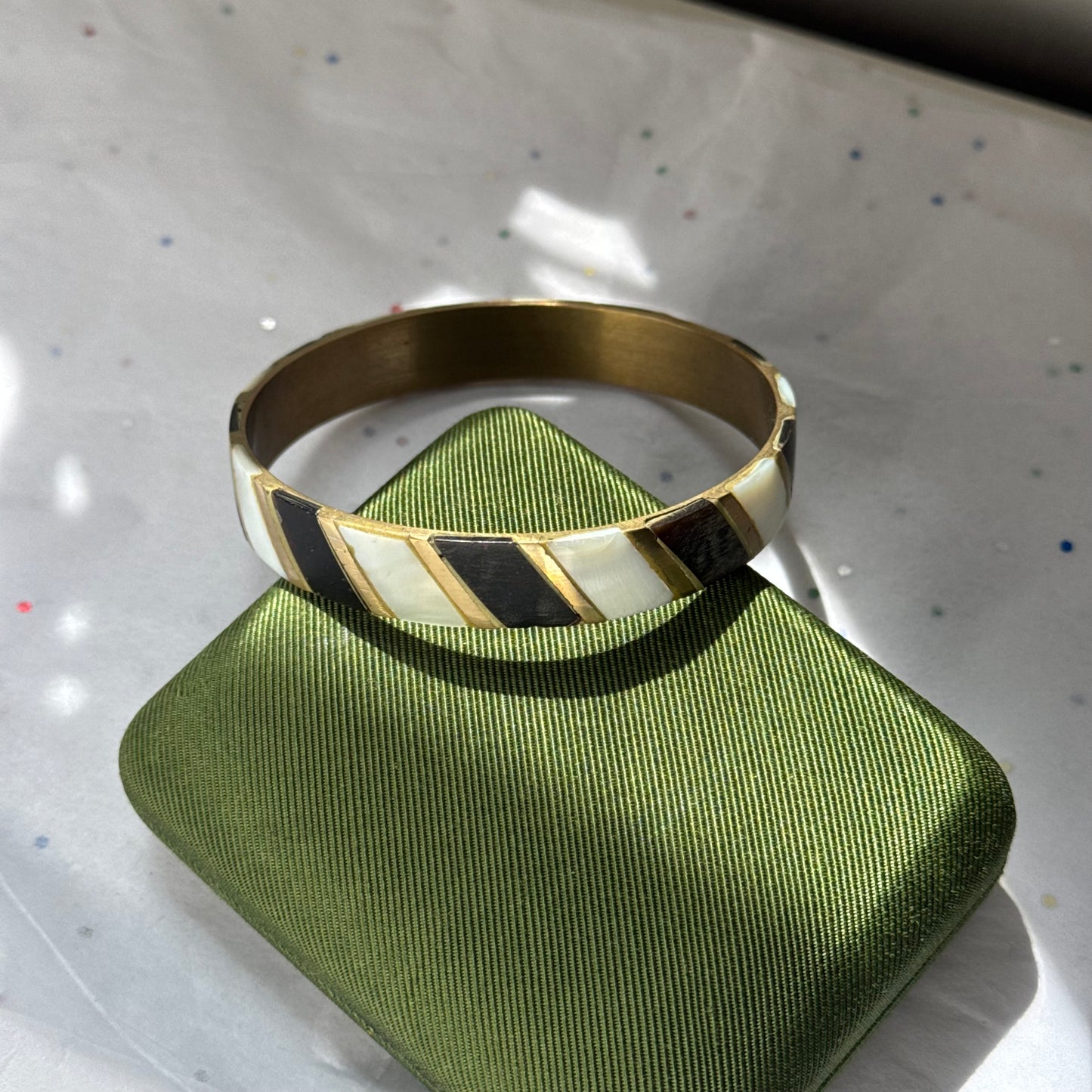 Vintage Mother of Pearl & Black Brass Bangle Bracelet