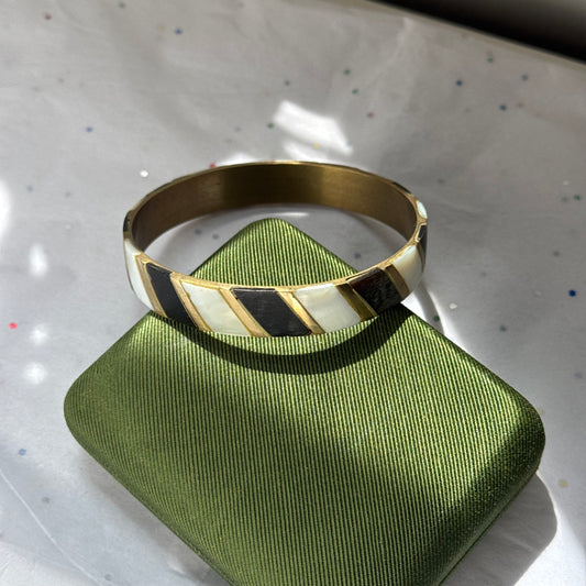 Vintage Mother of Pearl & Black Brass Bangle Bracelet
