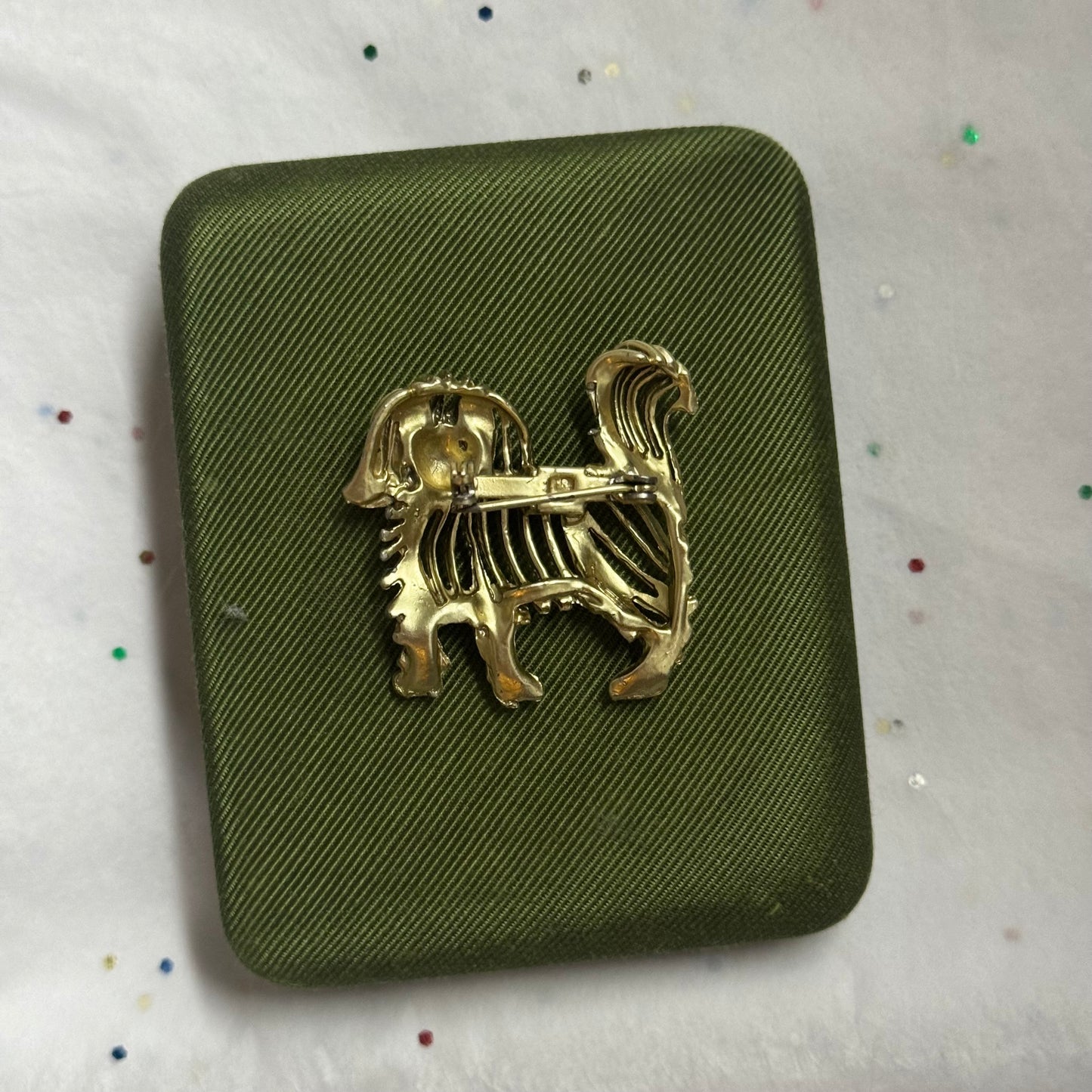 Vintage Gold Dog Brooch with Red Rhinestones