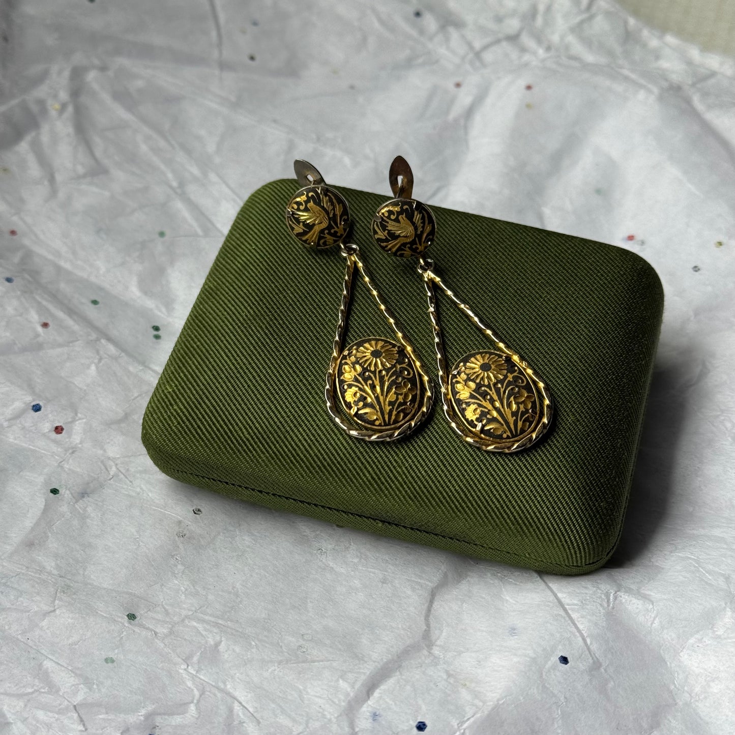 Vintage Gold Damascene Drop Earrings