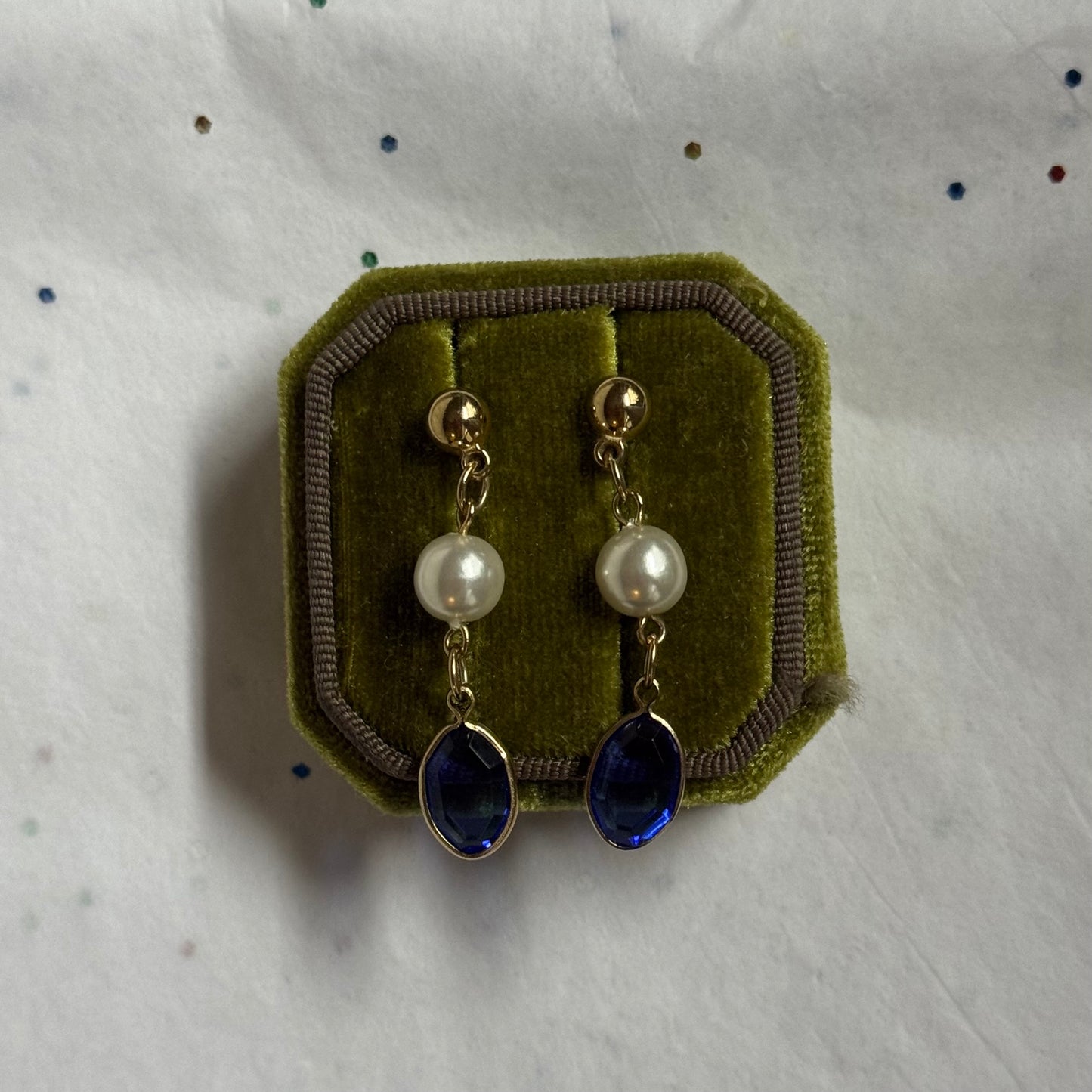 Vintage Gold, Pearl, & Blue Rhinestone Earrings