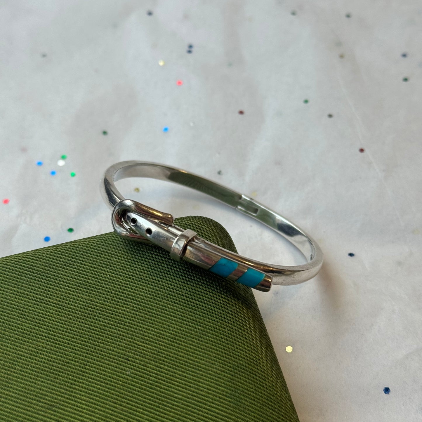 Vintage 925 Sterling Silver Belt Buckle Bangle Bracelet with Turquoise
