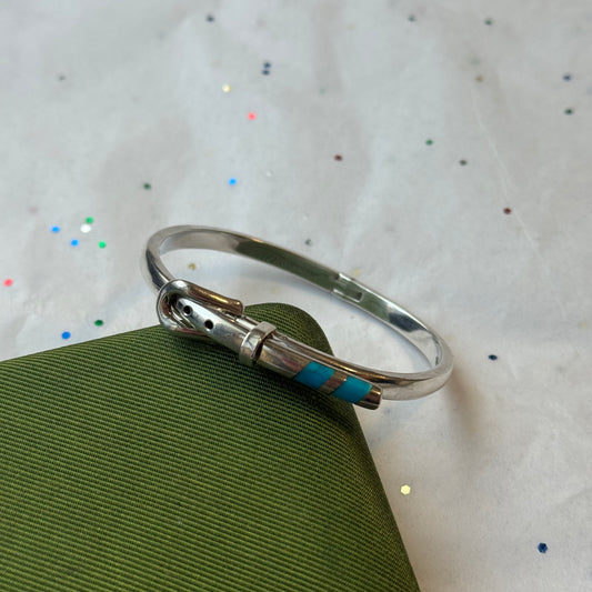 Vintage 925 Sterling Silver Belt Buckle Bangle Bracelet with Turquoise