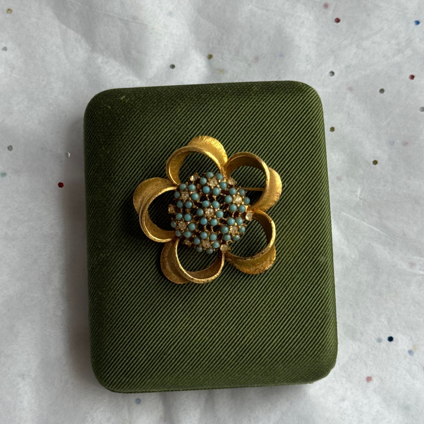 Vintage Gold Flower Brooch with Rhinestones & Teal Stones