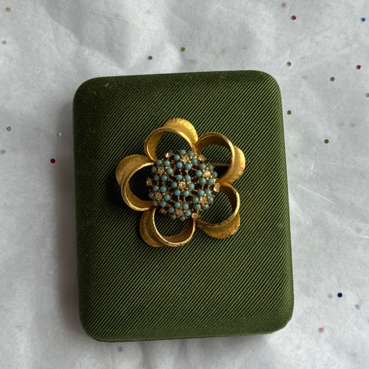 Vintage Gold Flower Brooch with Rhinestones & Teal Stones