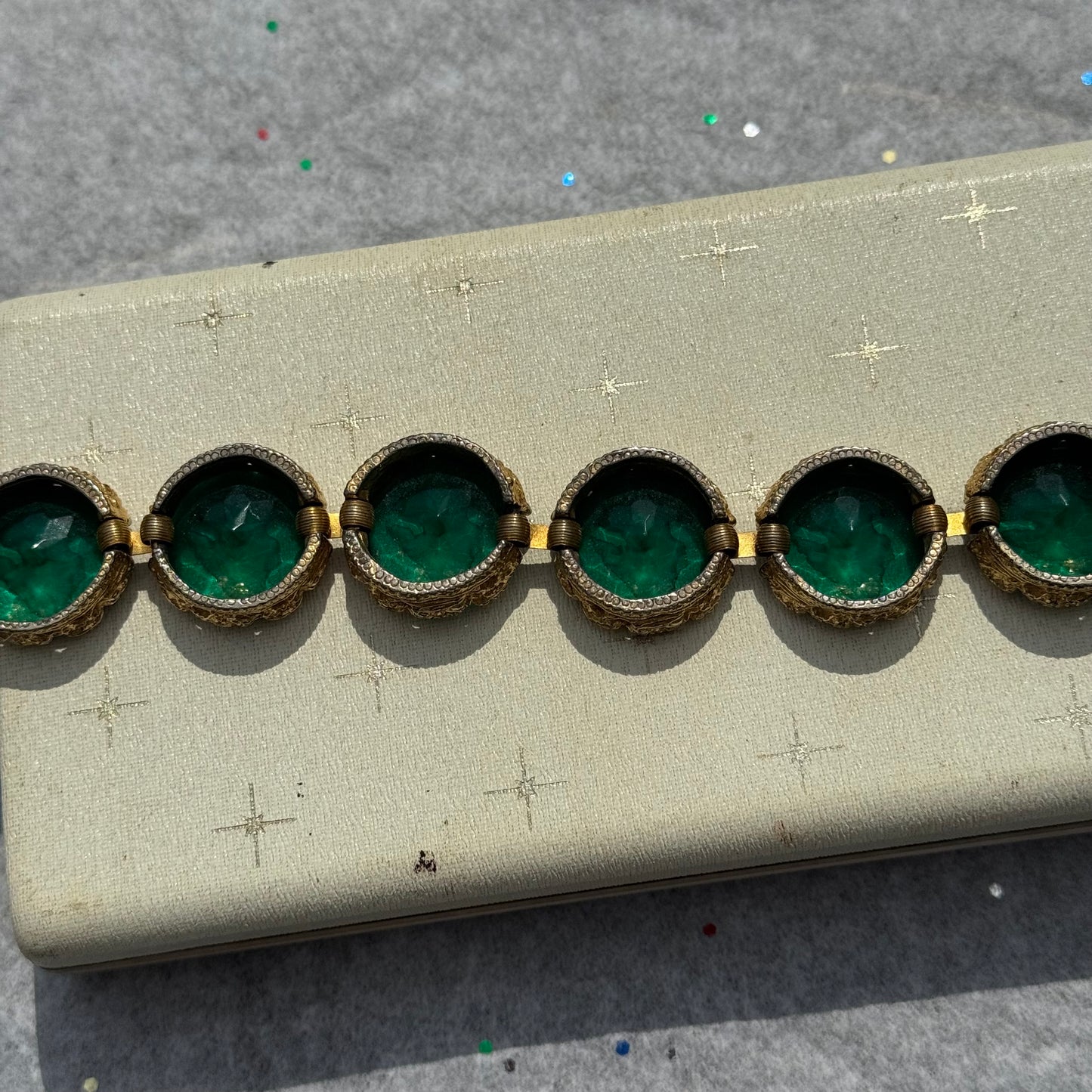 Vintage Gold Tone Engraved Cameo Green Bracelet