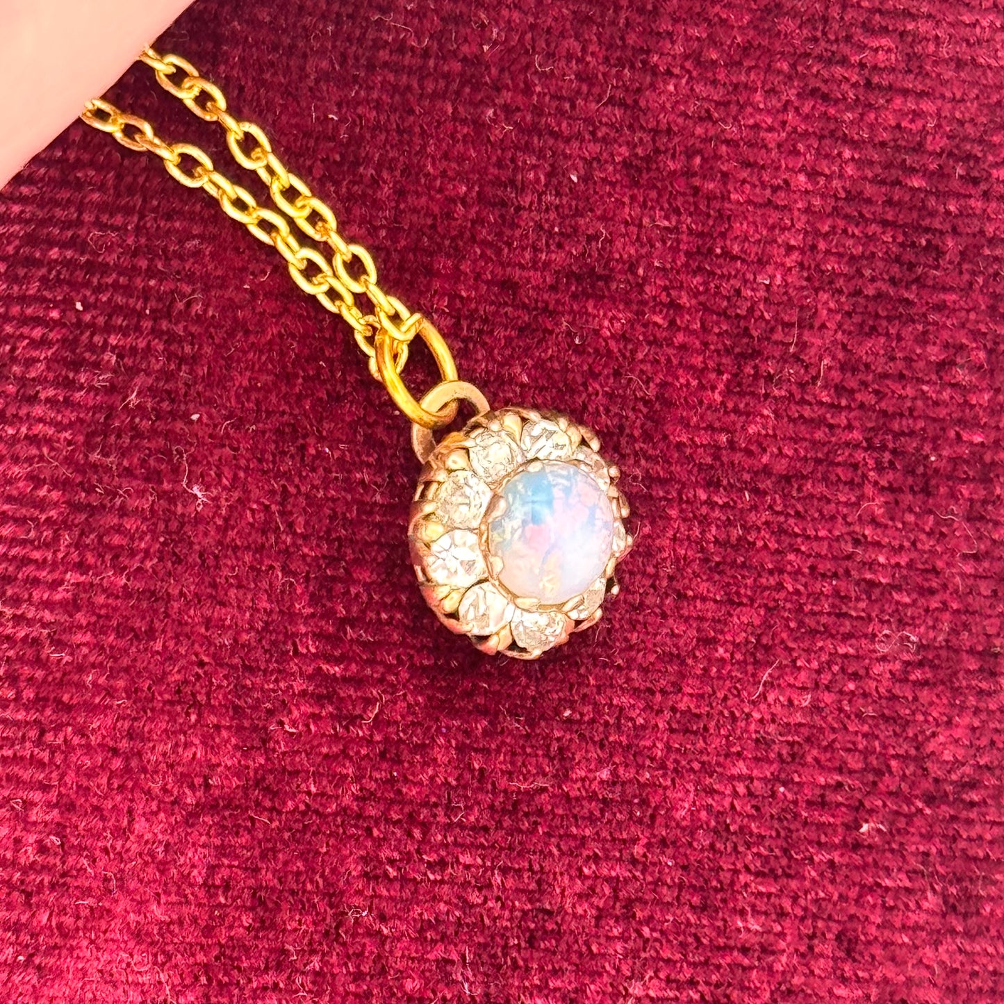 Vintage Gold Opal & Rhinestone Pendant Necklace
