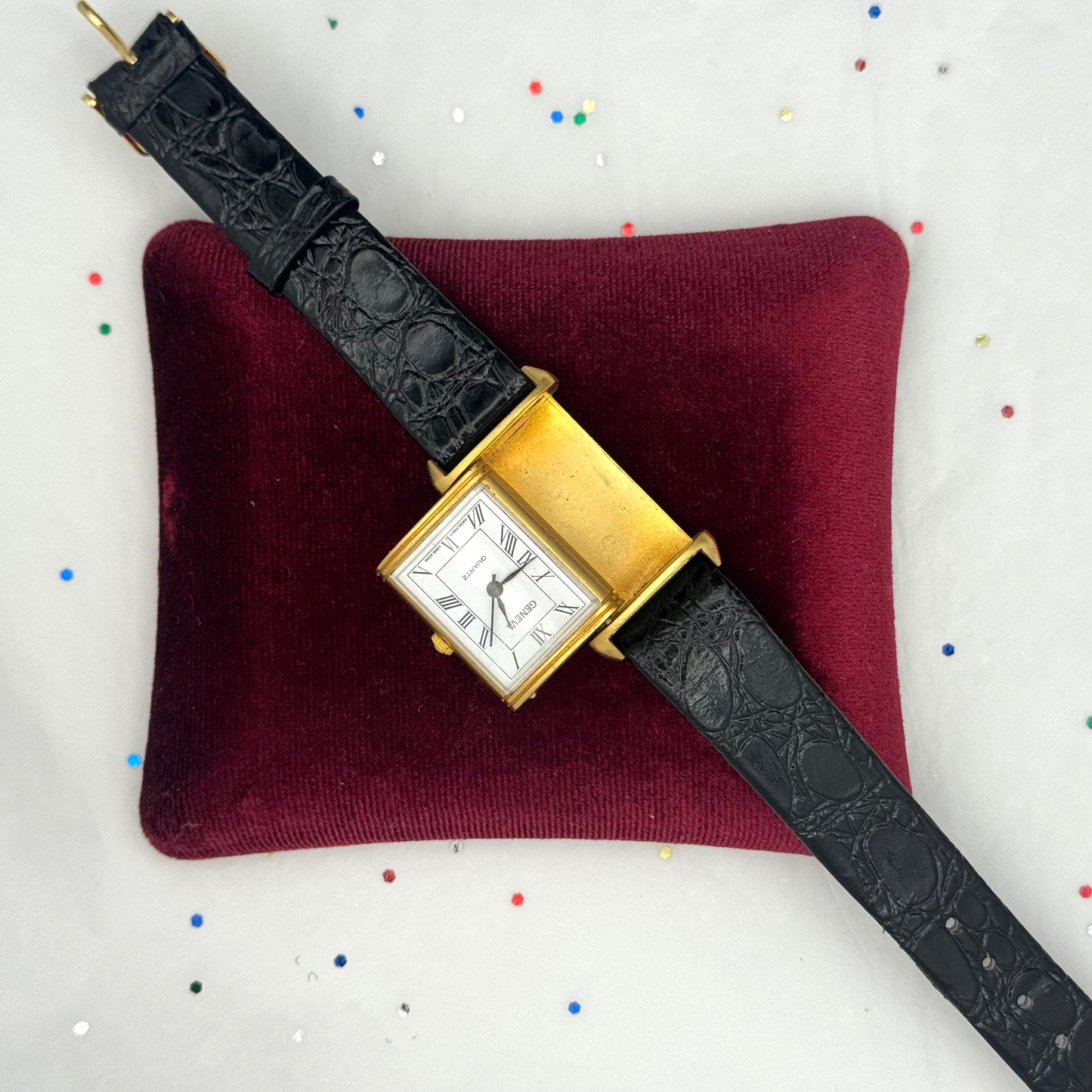 Vintage Moveable Gold Watch with Black Leather Band