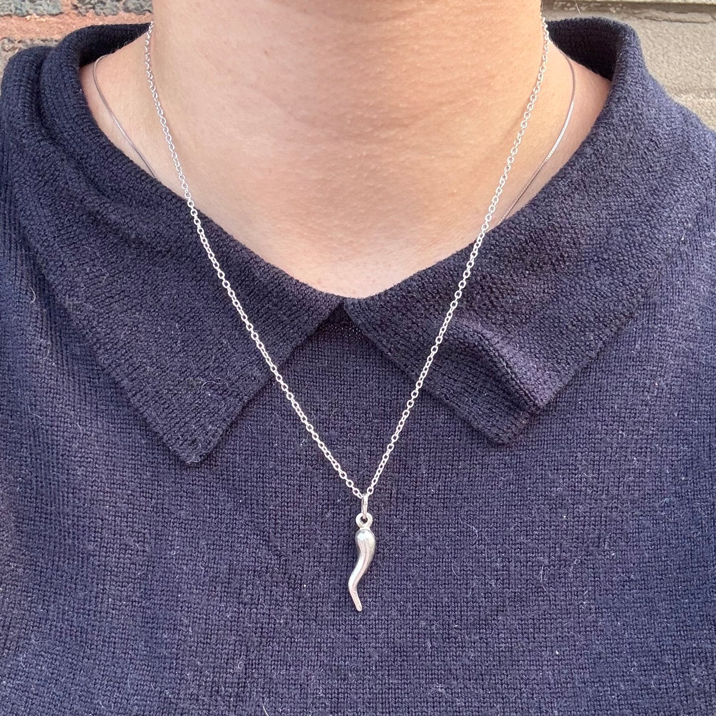 Vintage Sterling Silver Cornicello  Pendant Necklace
