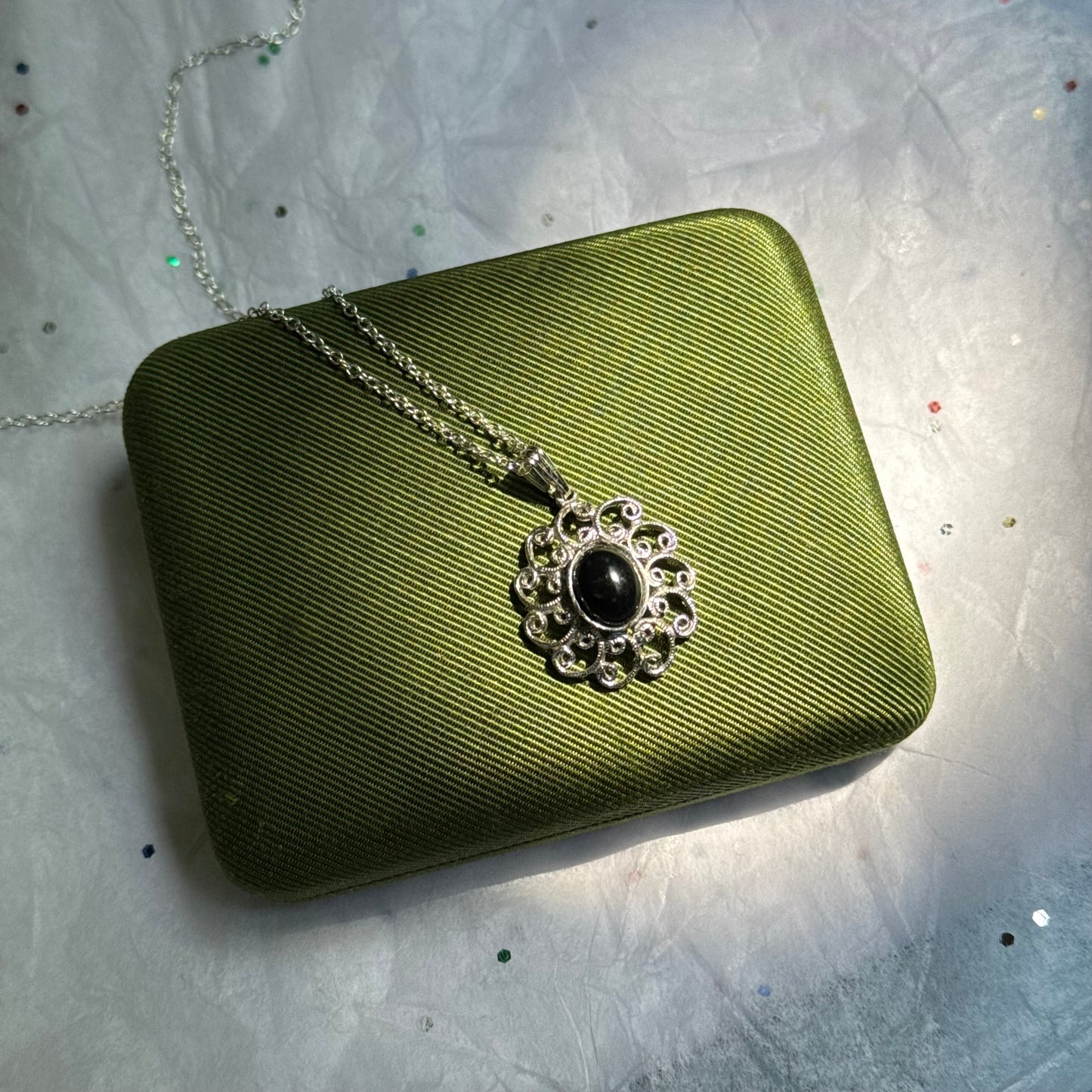 Vintage Silver Black Stone Pendant Necklace