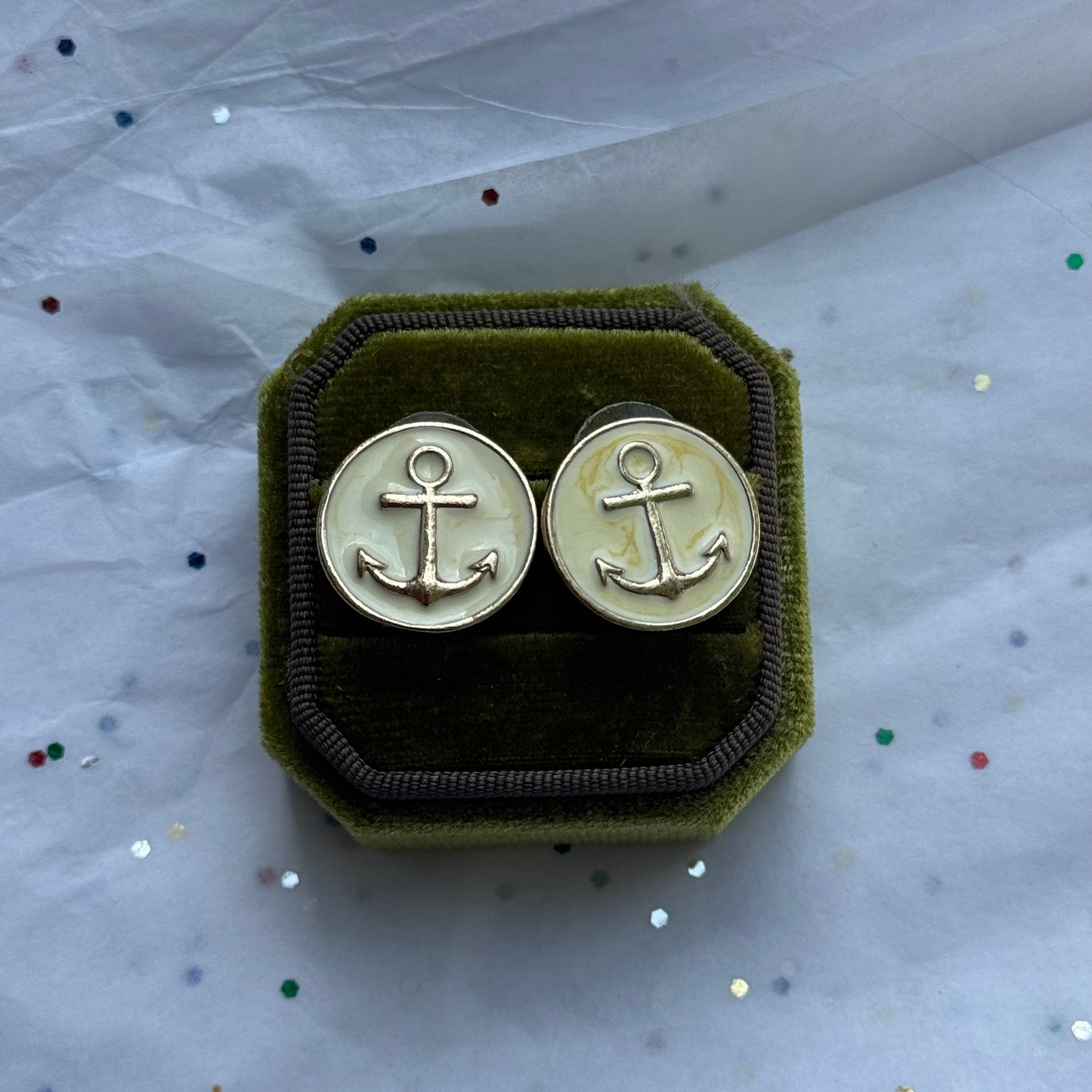 Vintage Nautical Gold Tone Anchor White Enamel Post Earrings