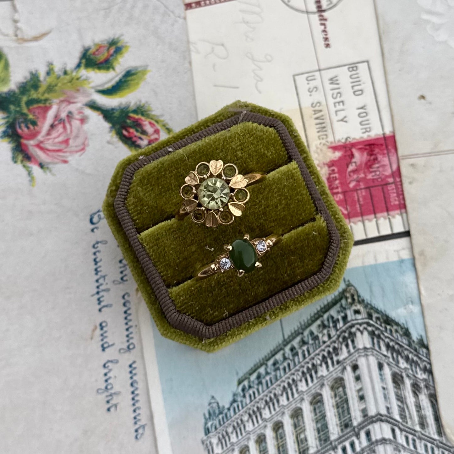 Vintage Green Rhinestone Gold Tone Avon Ring