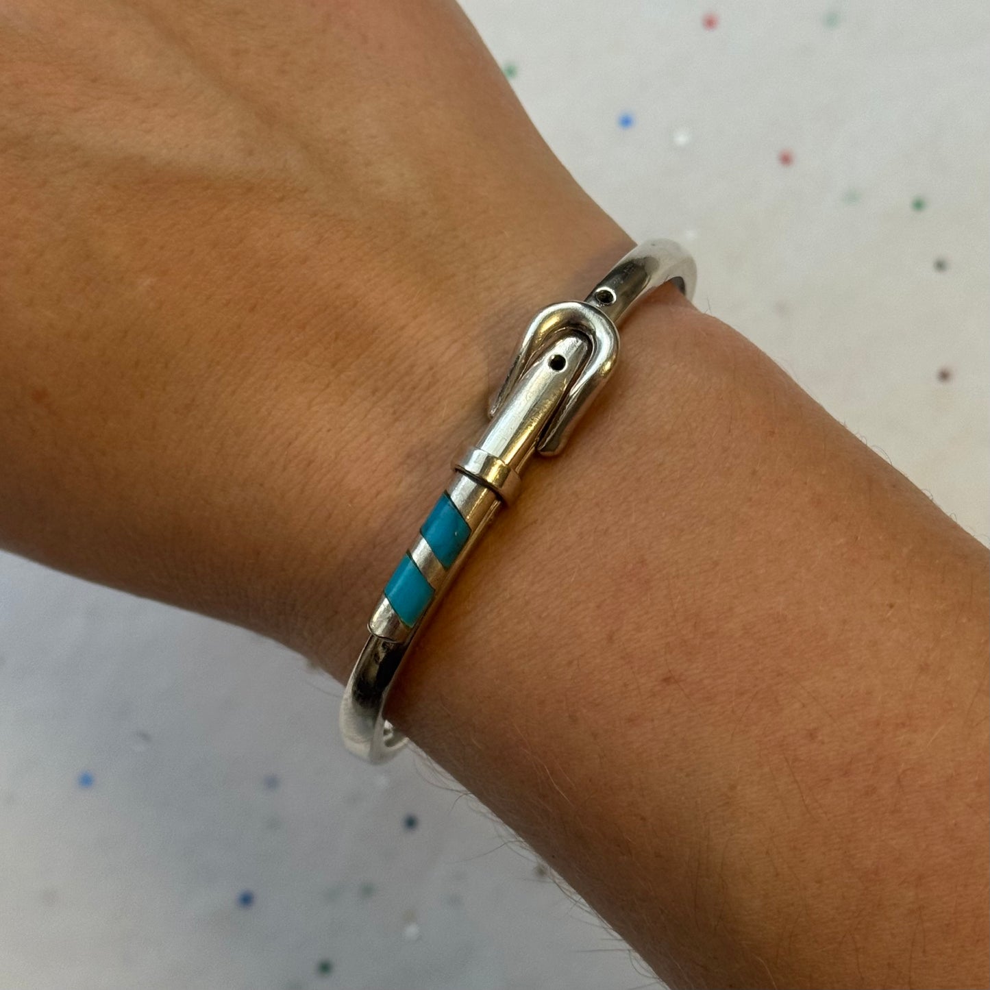Vintage 925 Sterling Silver Belt Buckle Bangle Bracelet with Turquoise