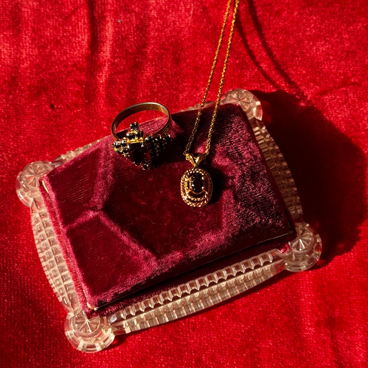 Vintage Gold Red Rhinestone Pendant Necklace