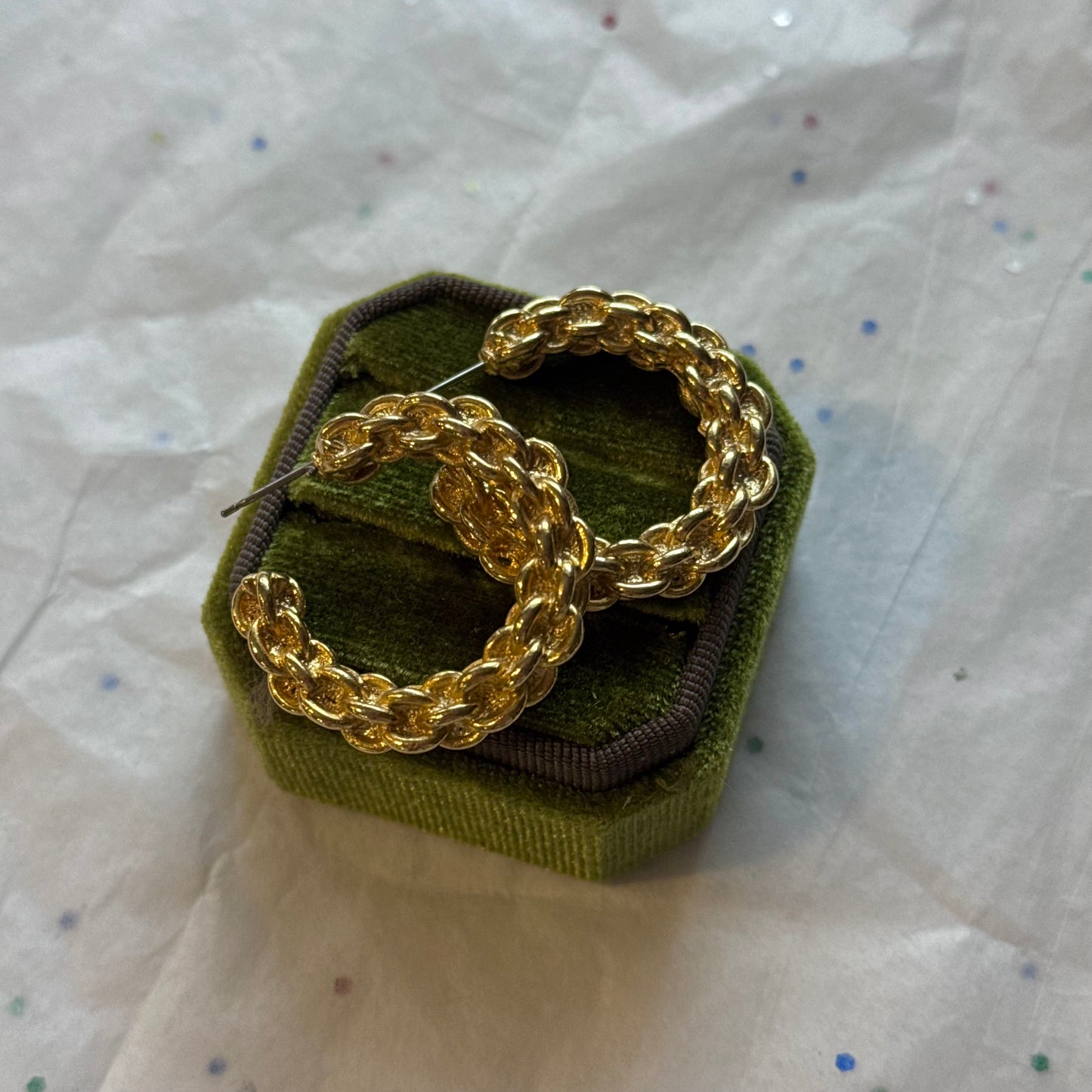 Vintage Gold Chain Texture Hoop Post Earrings