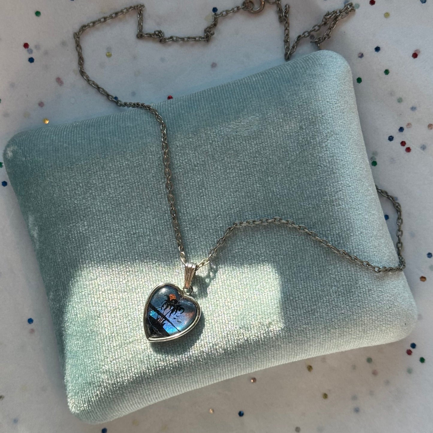 Vintage Sterling Silver Iridescent Palm Tree Heart Pendant Necklace