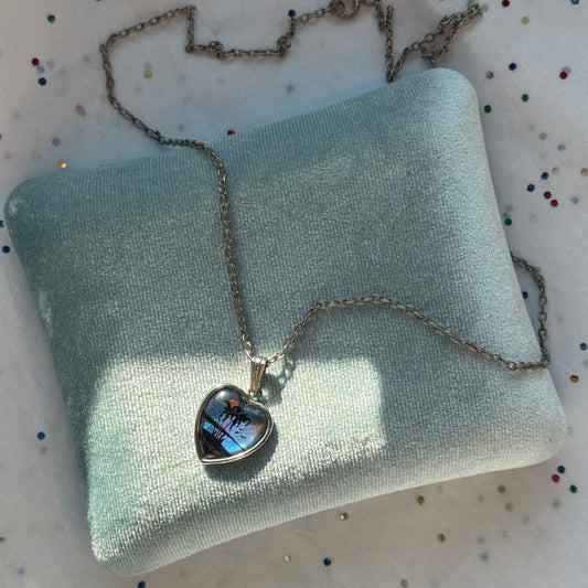 Vintage Sterling Silver Iridescent Palm Tree Heart Pendant Necklace