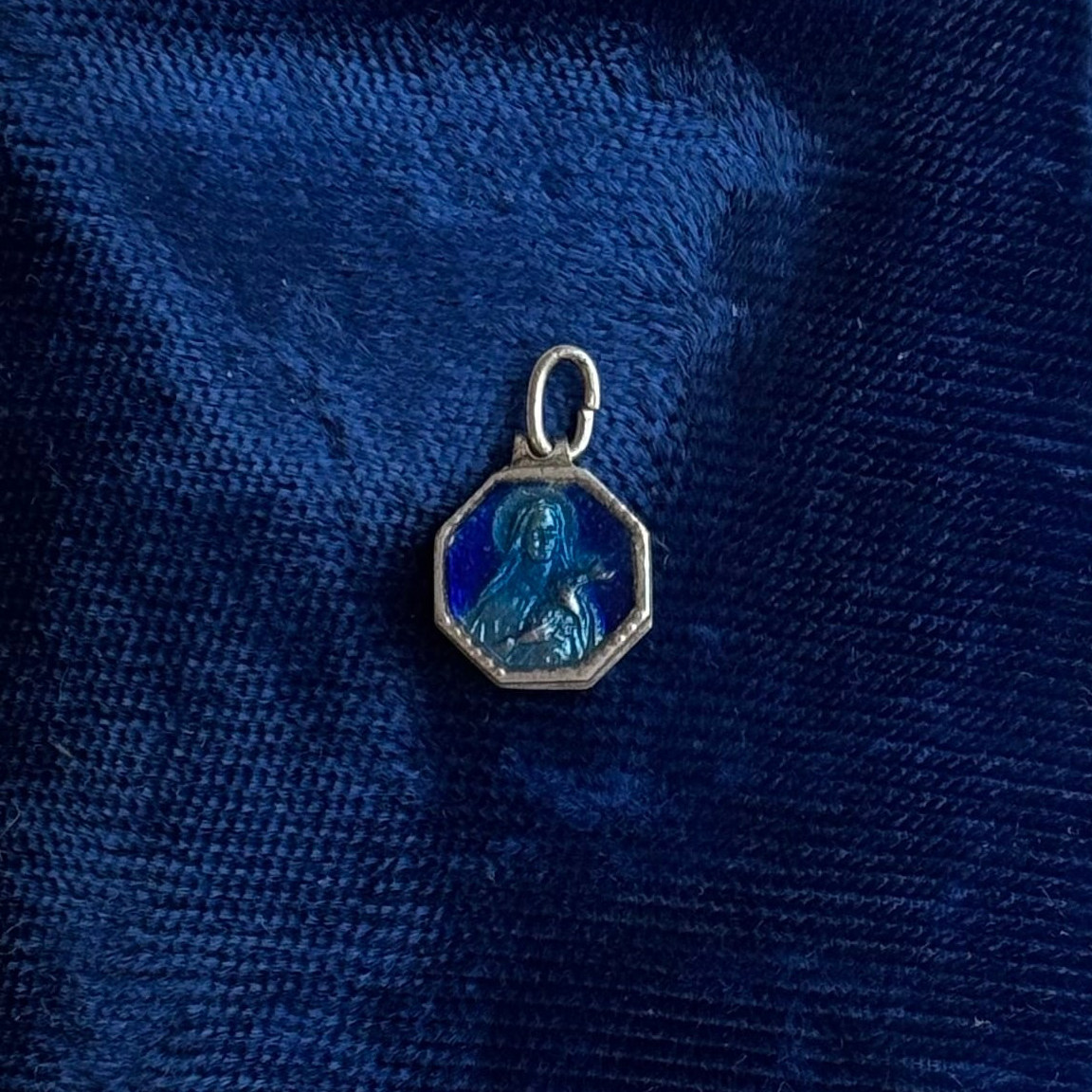 Vintage Silver Blue Enamel Mary Necklace - Sourced in Paris