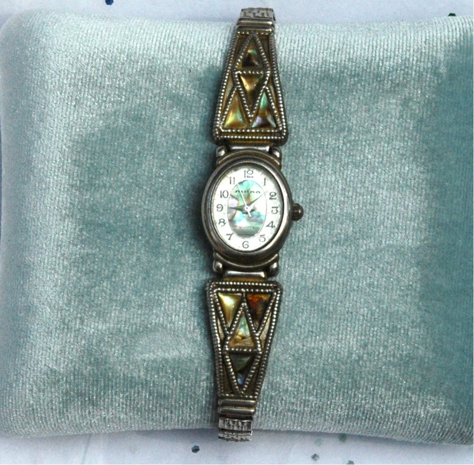 Vintage Abalone Shell Silver Stretch Band Watch