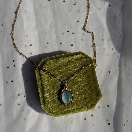 Gold Engraved Bezel Pendant Necklace with Blue Cabachon Stone