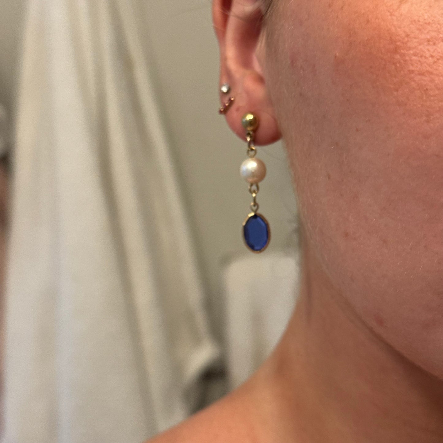 Vintage Gold, Pearl, & Blue Rhinestone Earrings