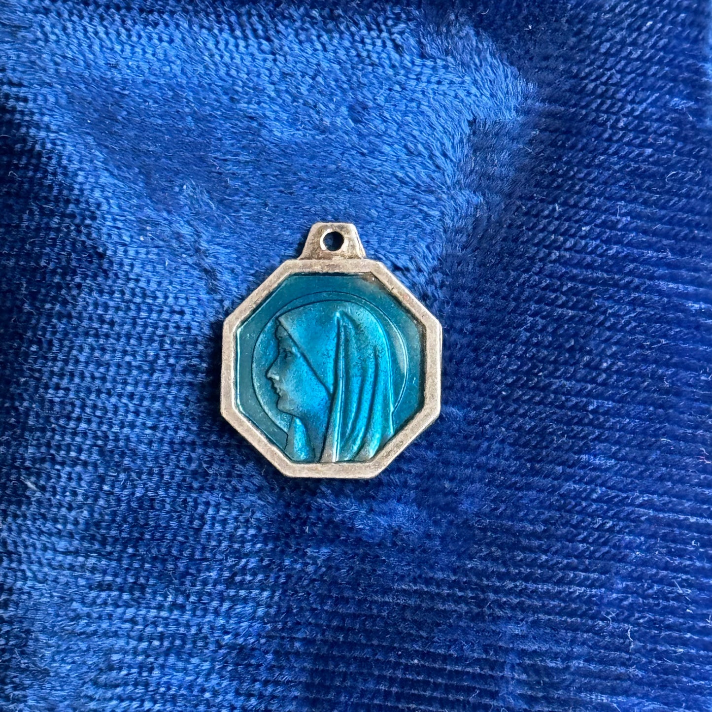 Vintage Sterling Silver Blue Enamel Our Lady of Lourdes Necklace - Sourced in Paris