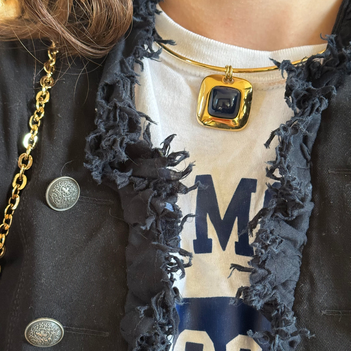 Gold Choker Necklace with Navy Blue Stone