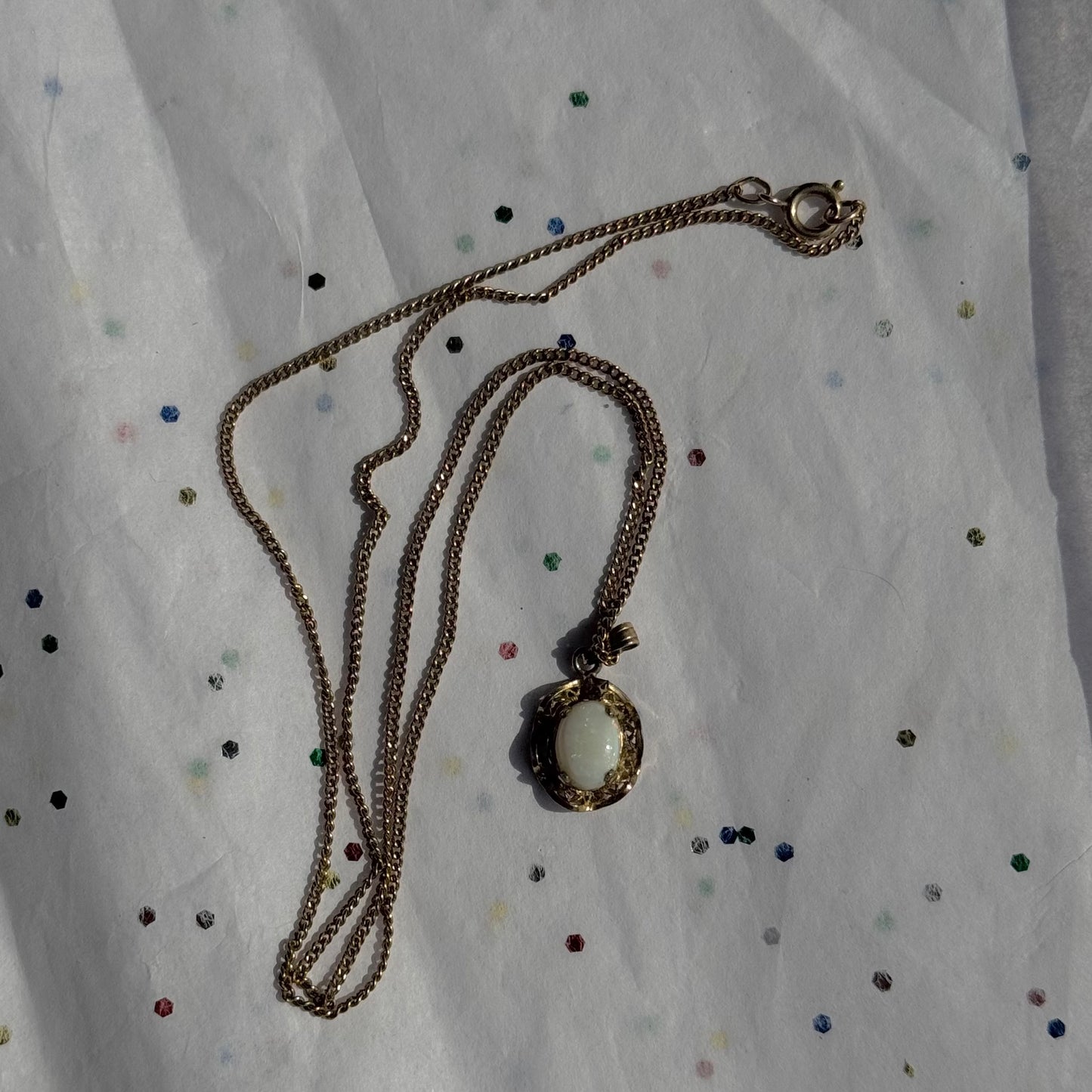 Vintage 12k Gold Filled Opal Filigree Pendant Necklace on Gold Filled Curb Chain