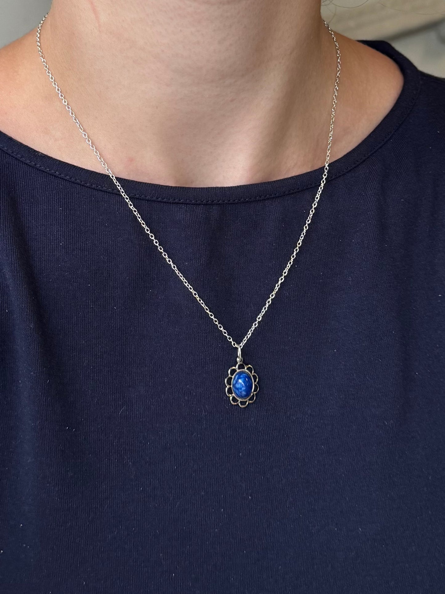 Vintage Blue Stone Silver Pendant Necklace