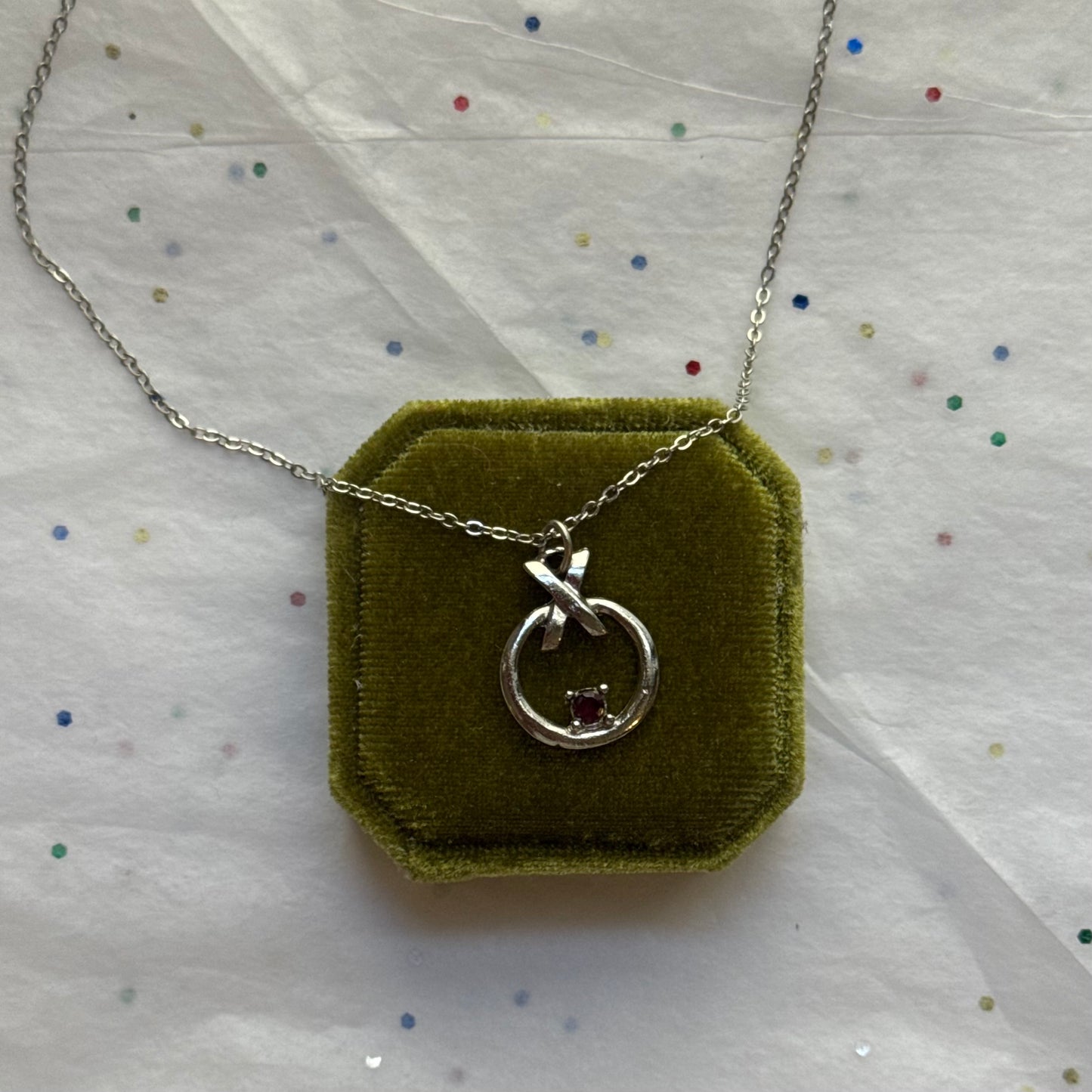 Vintage Silver Pendant Necklace with Red Rhinestone