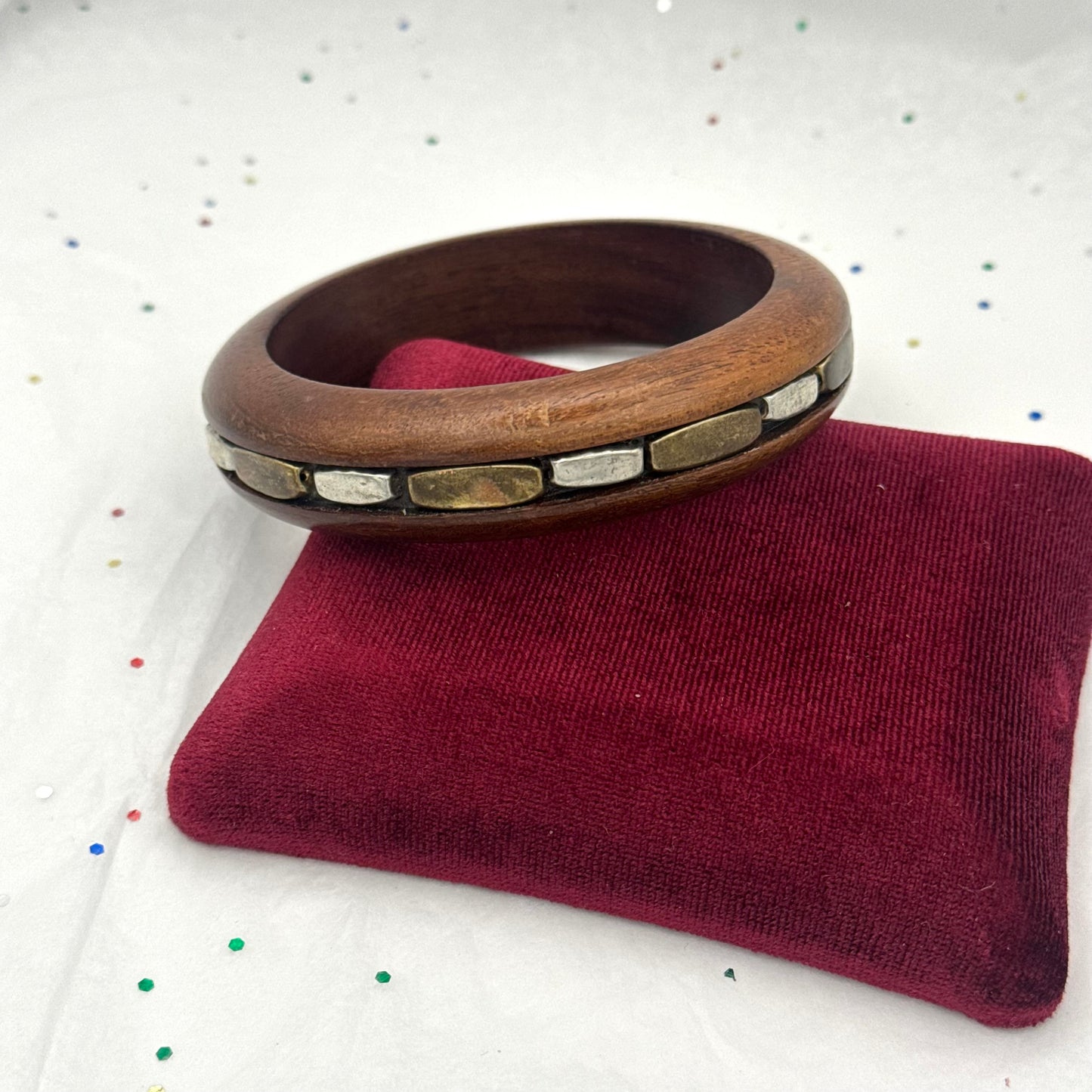 Vintage Wood & Inlay Brass & Silver Bangle Bracelet