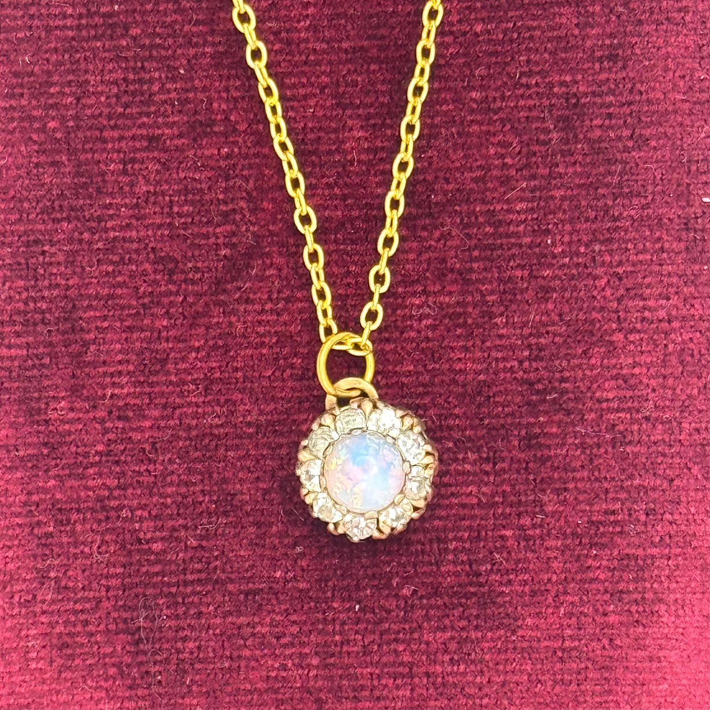 Vintage Gold Opal & Rhinestone Pendant Necklace