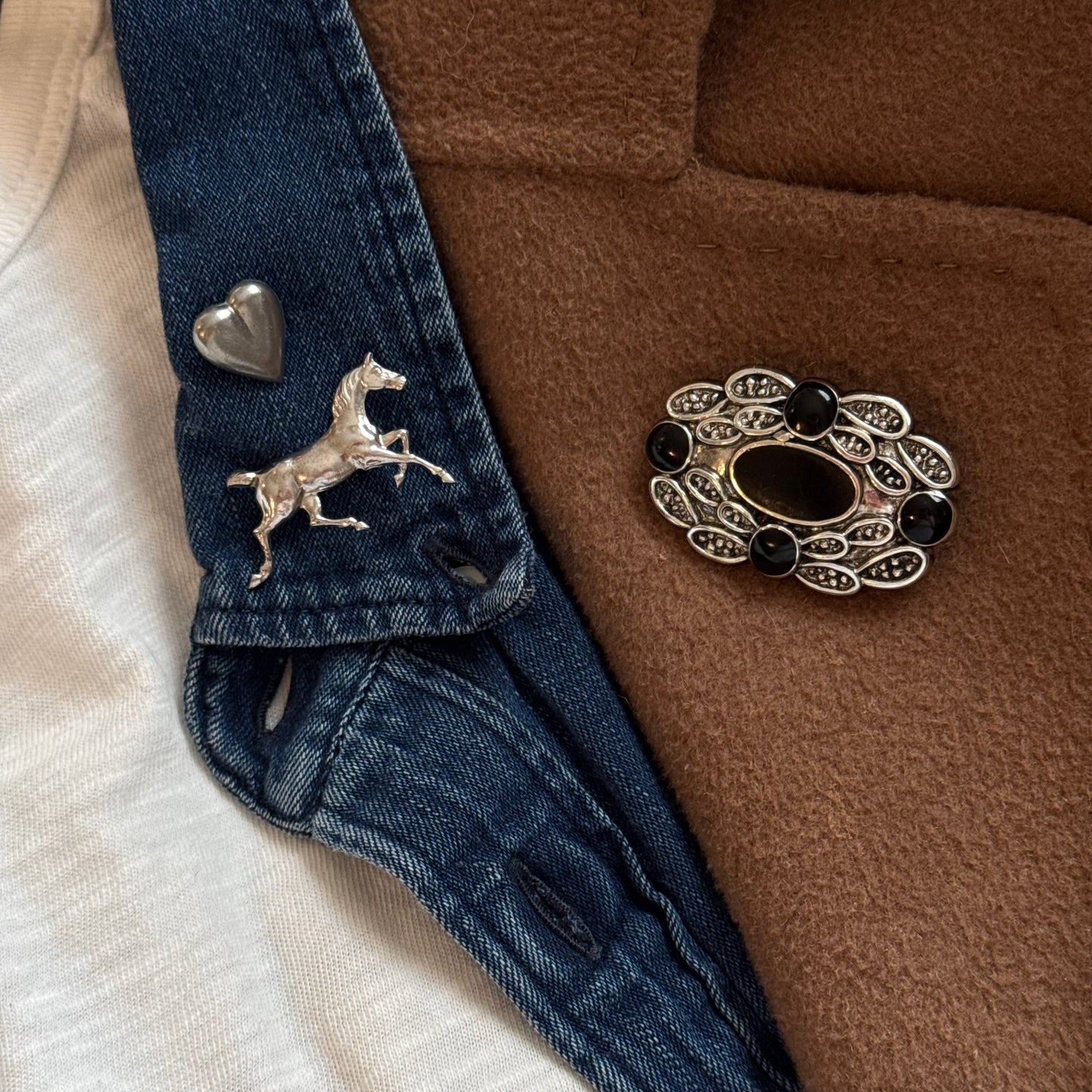 Vintage Silver Tone & Black Brooch