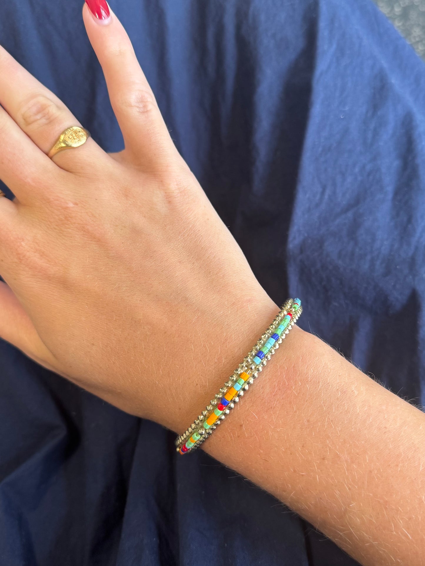 Vintage Multicolor Beaded Gold Bangle Bracelet