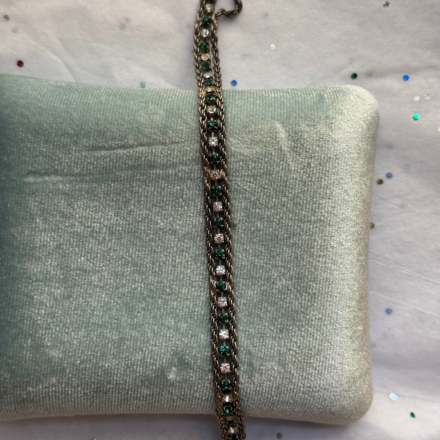 Vintage Silver Green Rhinestone Tennis Bracelet