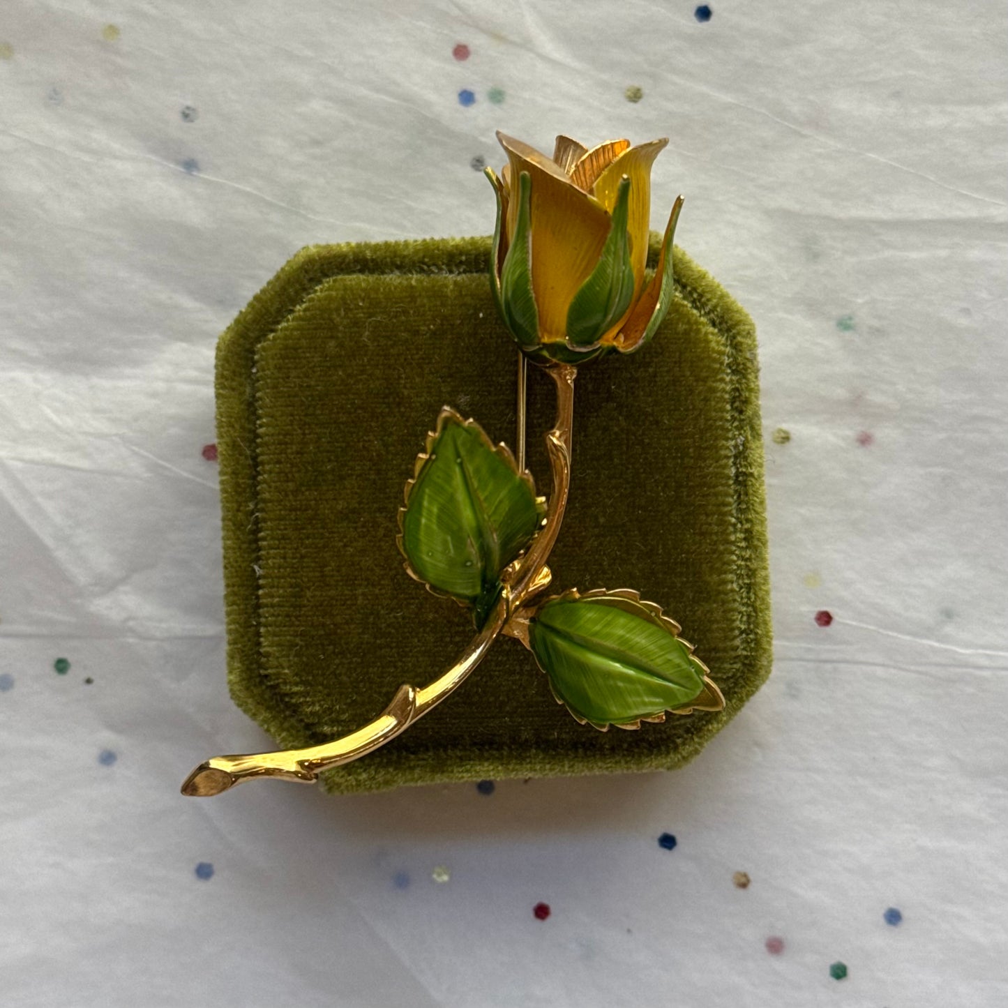 Vintage Gold Enamel Yellow Rose Brooch