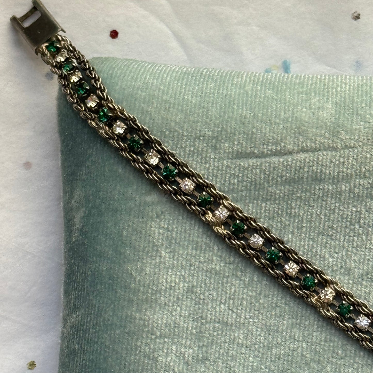 Vintage Silver Green Rhinestone Tennis Bracelet