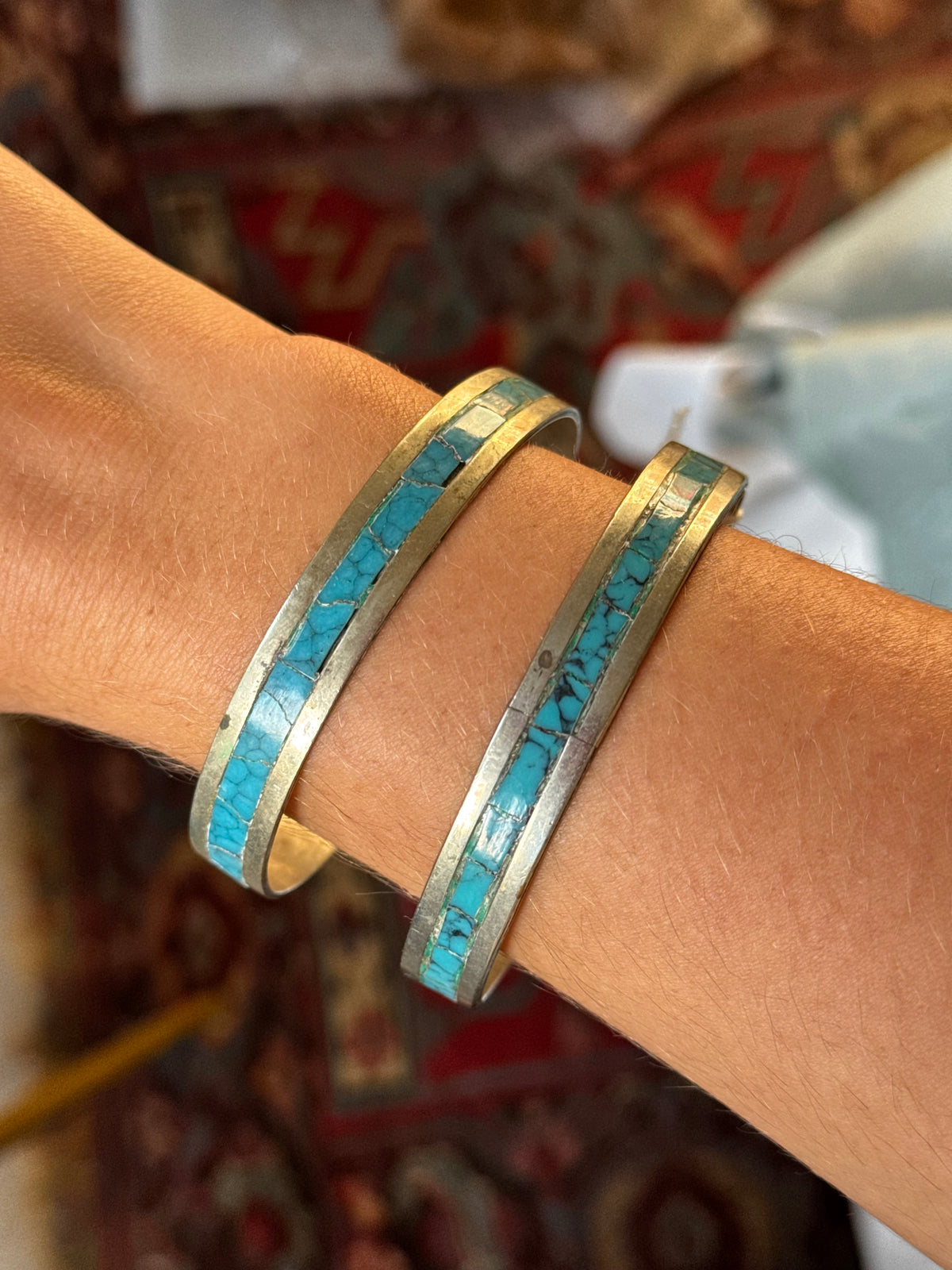 Vintage Silver Crushed Turquoise Bangle Bracelet