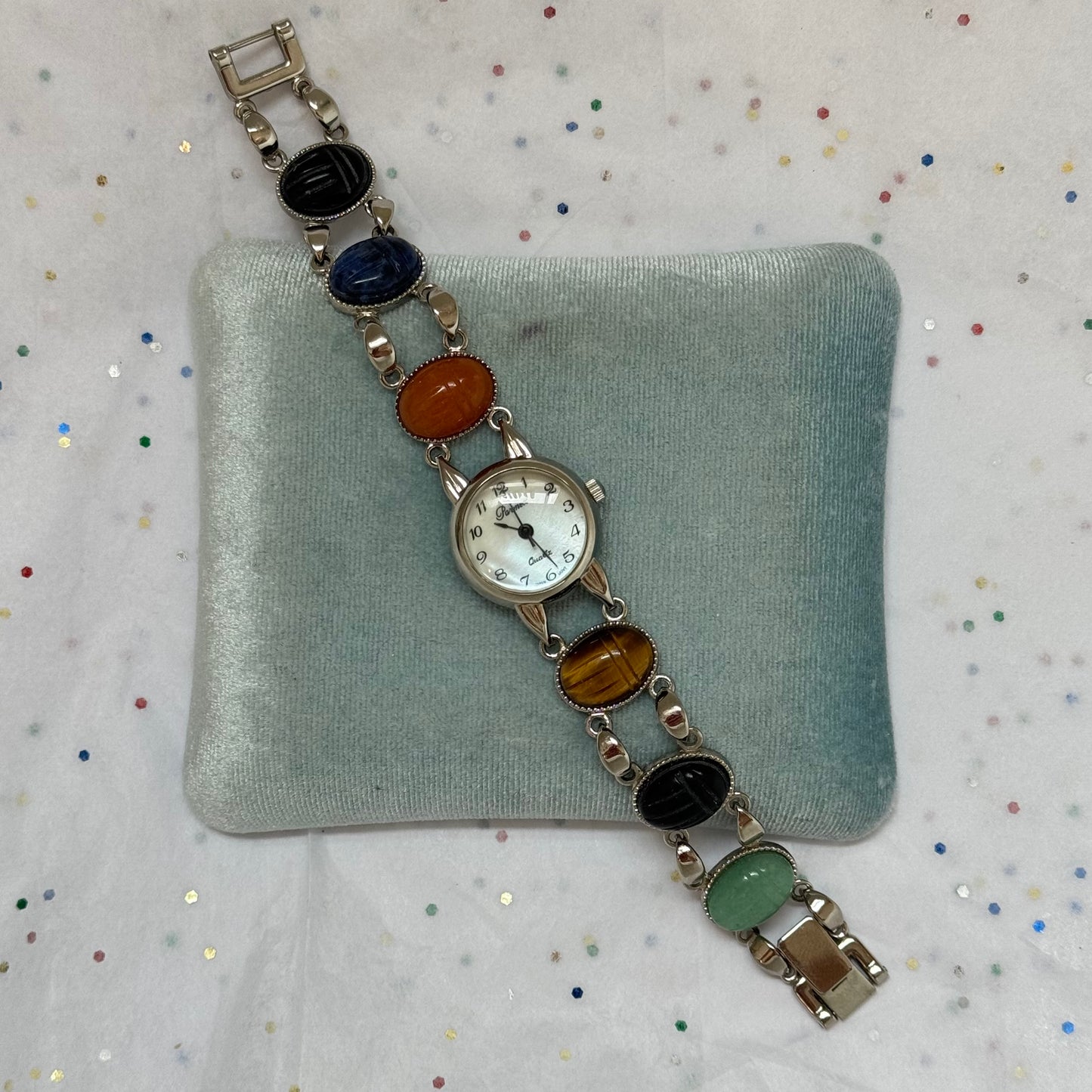 Vintage Silver Multicolored Scarab Watch