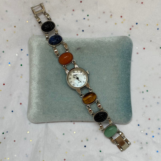 Vintage Silver Multicolored Scarab Watch