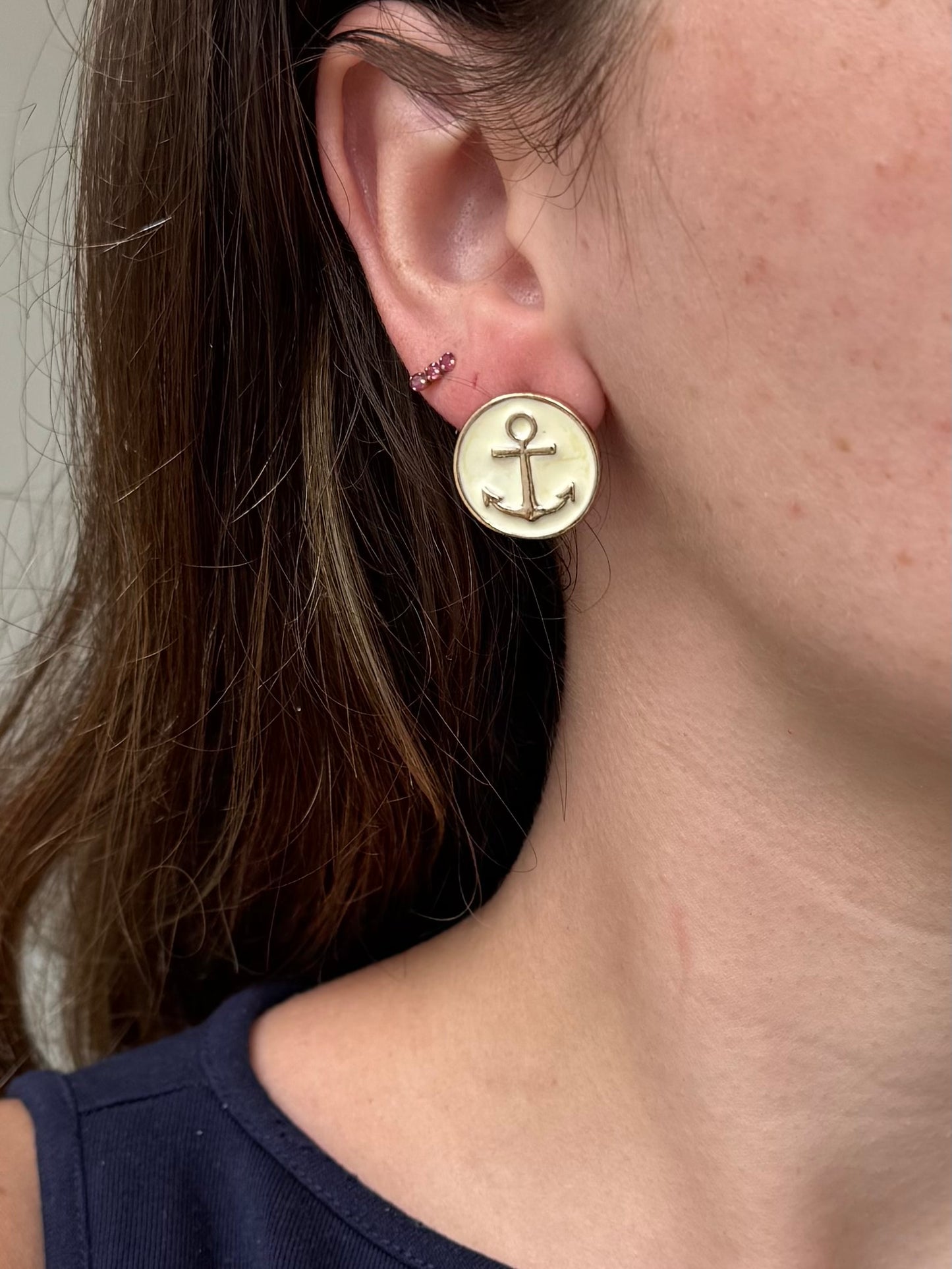 Vintage Nautical Gold Tone Anchor White Enamel Post Earrings